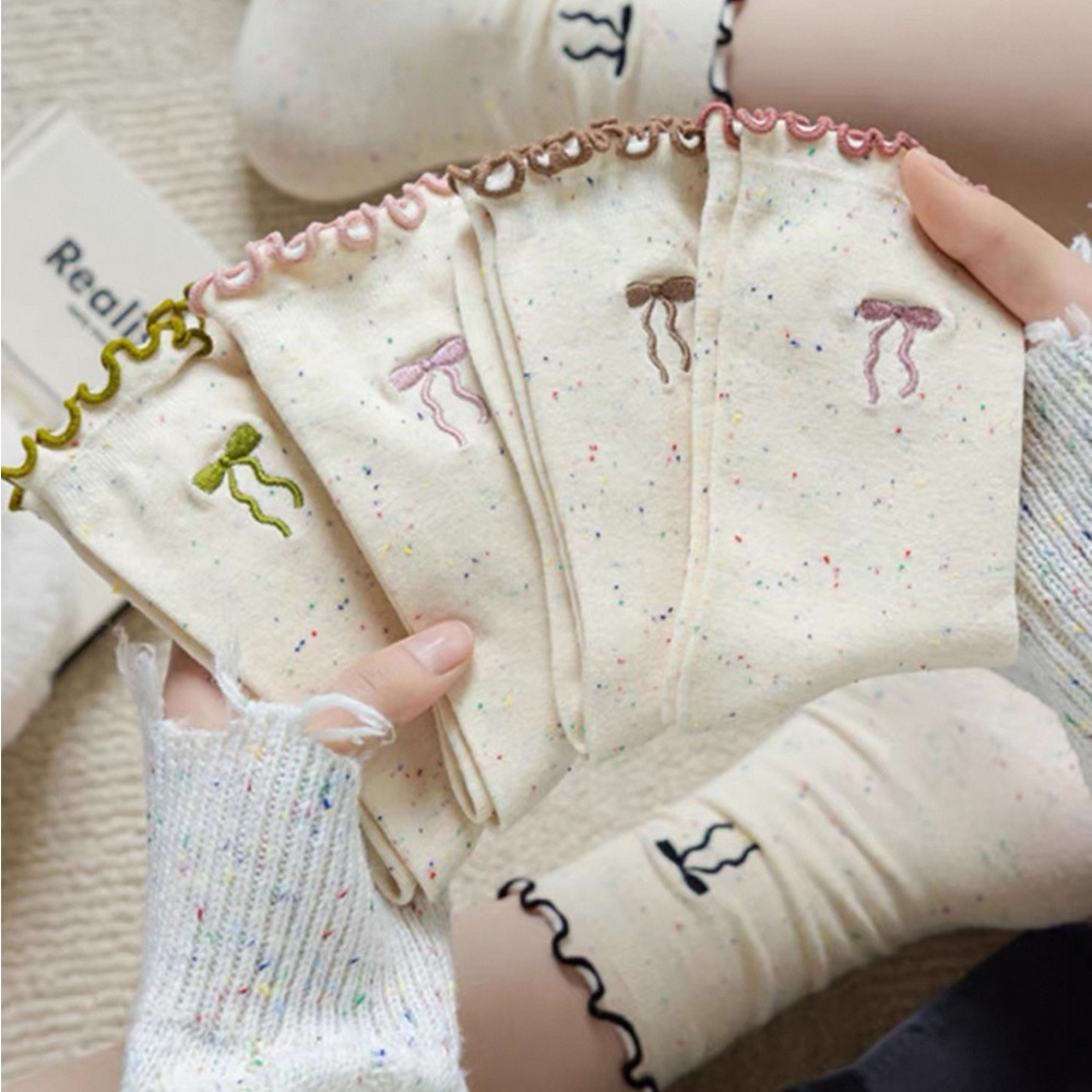 New ruffle hem bow embroidered confetti print cotton socks